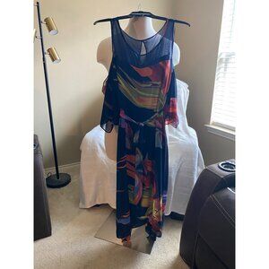 ROBBIE BEE Signature Navy and Multi-color Sheer Dress - Size 14W